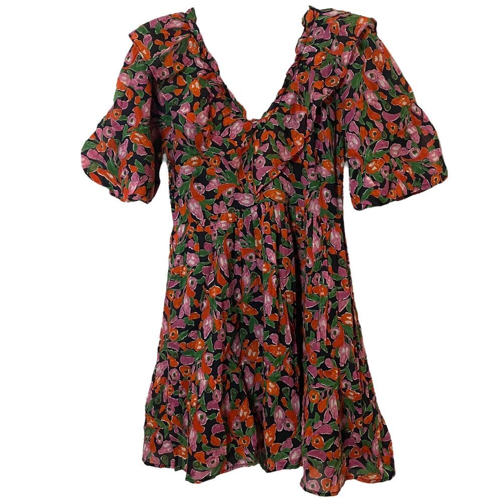 Banjanan Scorpio Floral Print‎ Cotton Voile Pockets Babydoll Mini Dress Size M